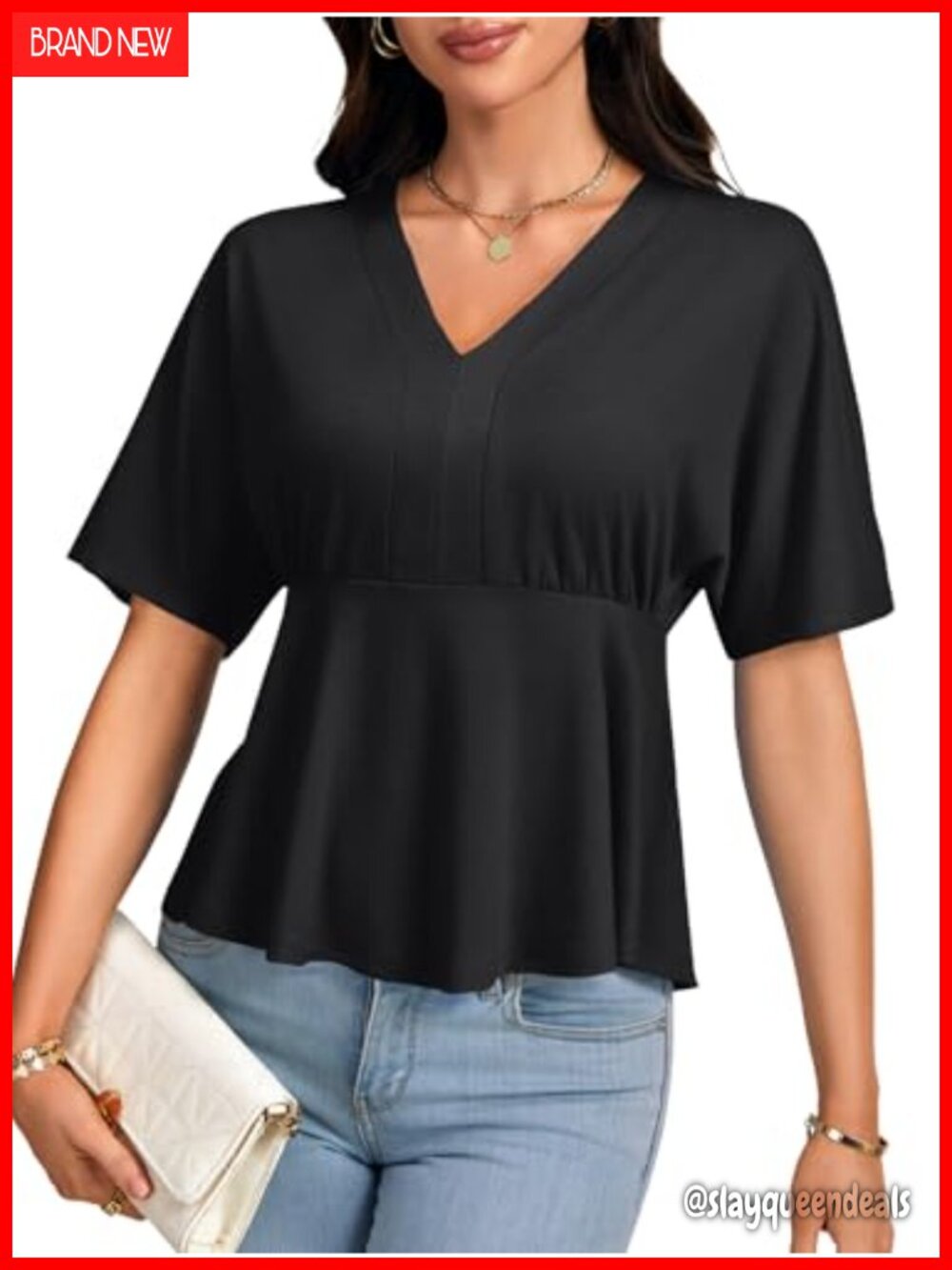 Ruffle V Neck Short Sleeve Ruched Tunic Blouse Top - Picture 2 of 6